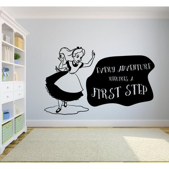 Alice In Wonderland Quotes Every Adventure Requires A First Step Alice Sillhouette Wall Sticker Vinyl Decal Home Decor For Boys/Girls Children Room Home Bedroom Decoration Sticker Size (18x20 inch)