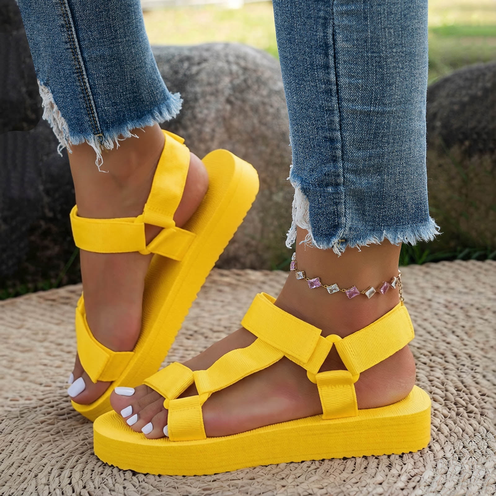 イエロー　PLATFORM SANDALS　サンダル　Sサイズ Modisza Women's Flat Sandals with Arch Support Strappy Casual