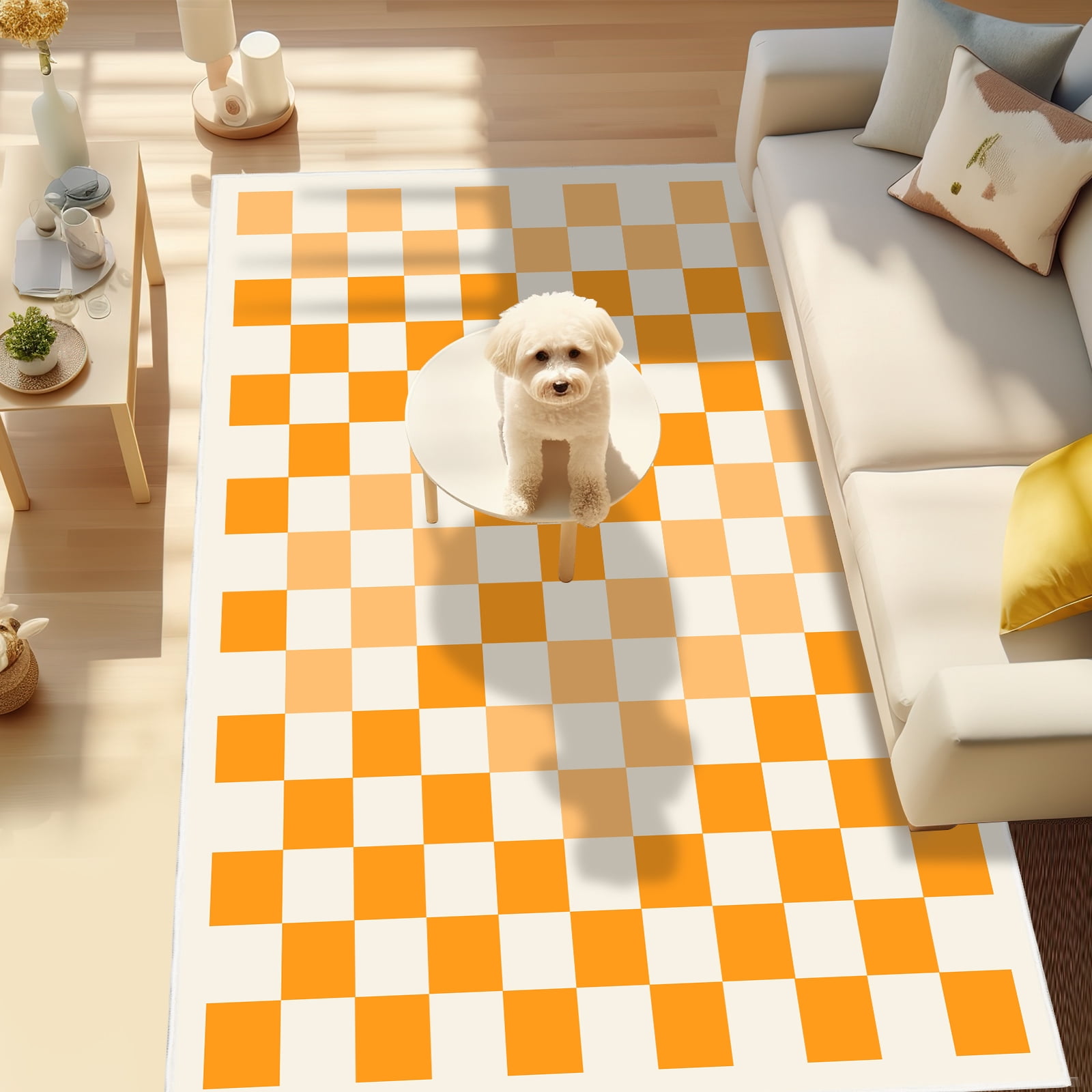 Area Rugs for Bedroom Living Room, 5' x 6.6' Ft Checkered Rug Retro Checkerboard Moroccan Rug Lightweight Outdoor Washable Carpet Rustic Decor for Living Room Bedroom Kitchen Patio(Orange/Yellow)