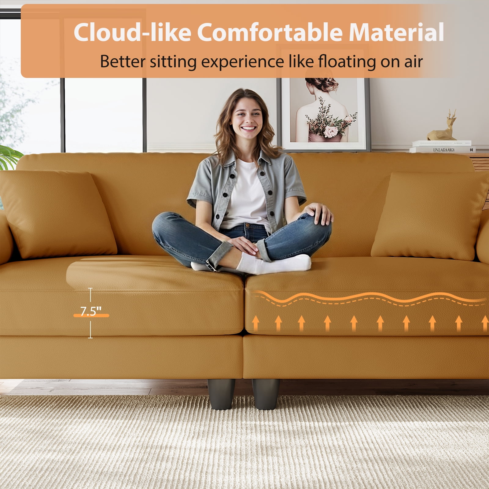 83" Couch Premium PU Leather Sofa, Deep Seat Oversized Loveseat for Living Room (Includes 2 Pillows), Brown