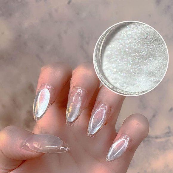 Premium Pearl Powder 2 Boxes, White Chrome Nail Powder Ice Transparent Aurora Dust Nail Powder Neon Rainbow Chameleon Powder Chrome Iridescent Pigment Pearlescent High Gloss Nail Art Glitters