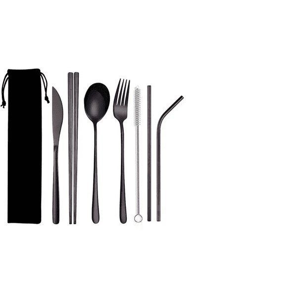Set Cubiertos Portátiles Acero Inoxidable 7pz Con Bolsa Negro Malubero Malu1109