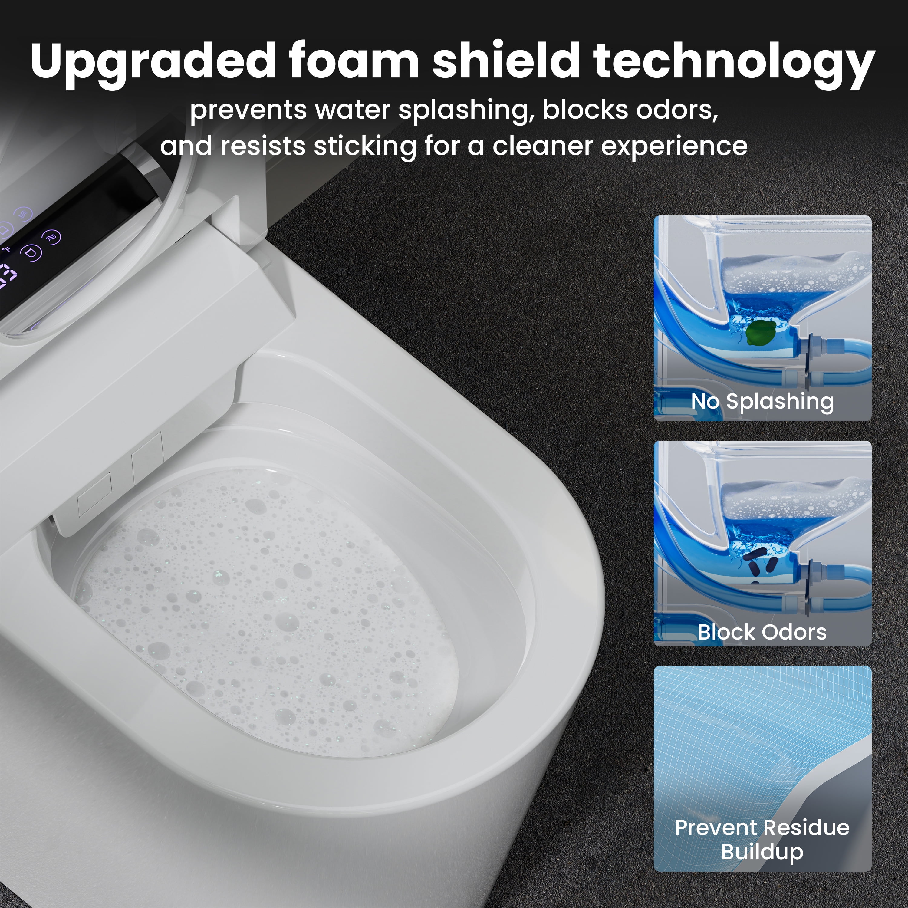 ADA Comfort Height Smart Bidet Toilet with Auto Open/Flush, Auto Temp Adjust/Foam Shield, 1.06 GPF, Remote Control