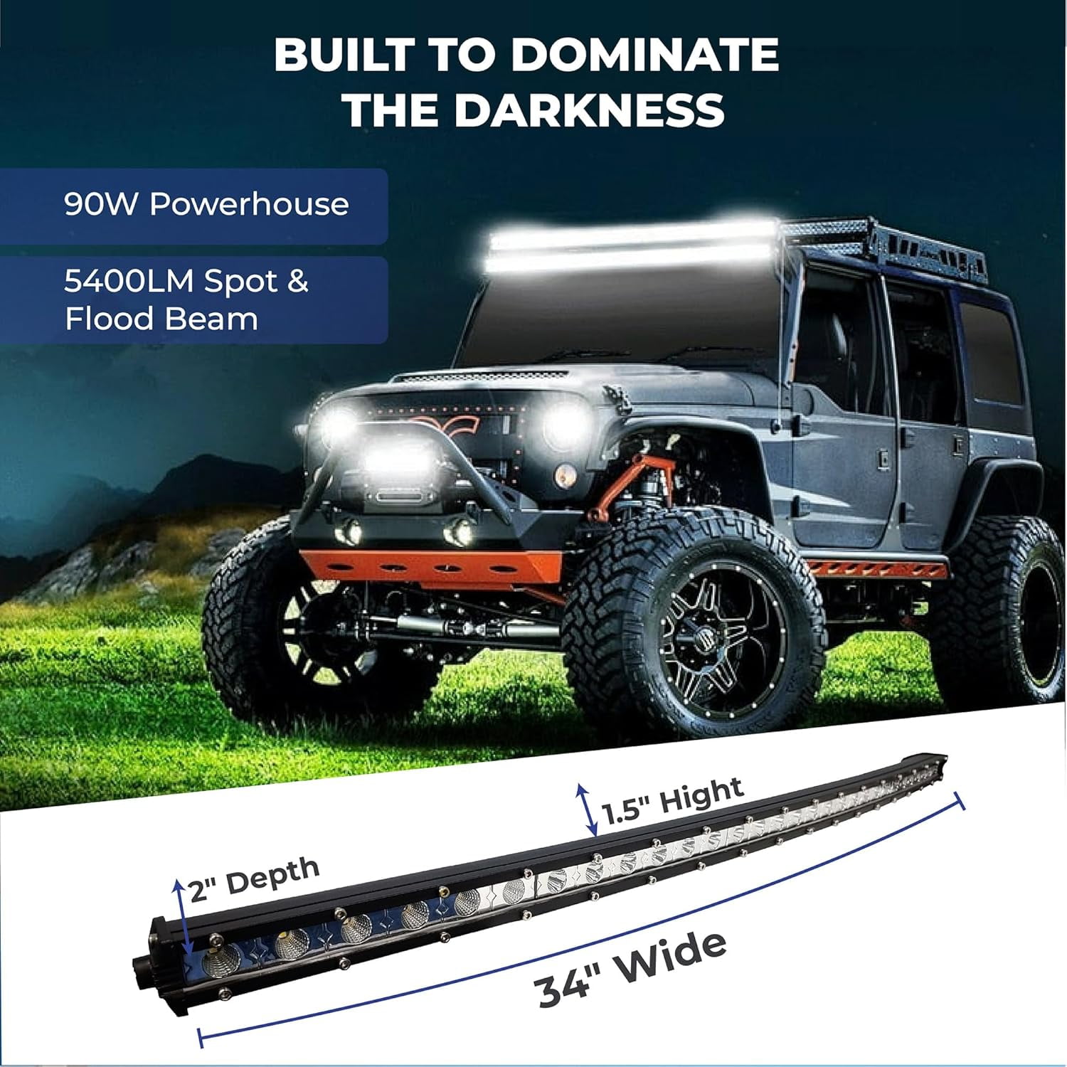 34 Inch Curved LED Light Bar – Waterproof Offroad Work Light for Truck, ATV, UTV, SUV, Boat, Auto – 90W 5400LM Spot Flood Combo, IP67,  Philips LEDs, Shockproof, 6000K White