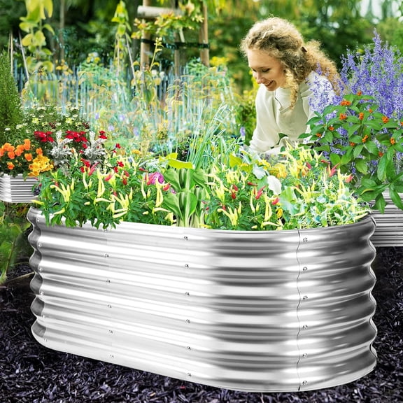 17" Tall Outdoor Garden Raised Garden Bed Kit, 4ft X 2ft Oval, 0.8MM Thick Metal Raised Planter Bed/Ground Planter Box for Flowers, Herbs, Vegetables - Silver (48X24X16.5 Inches)