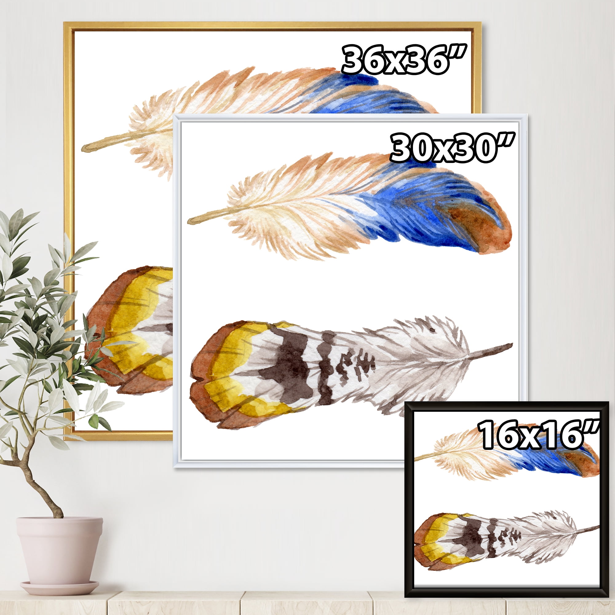 Colorful Boho Art Feather Set III 16 in x 16 in Framed Painting Canvas Art Print, by Designart