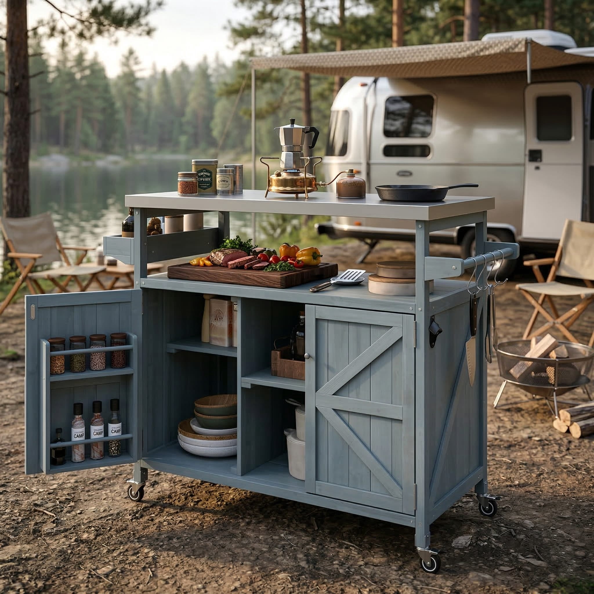 Homy Casa Outdoor Grill Cart with Storage Cabinet, Rolling BBQ Prep Table, Patio Storage Cabinet