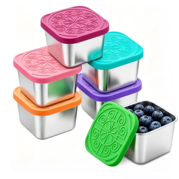 6Pack 6oz Stainless Steel Snack Containers, Easy Open Leak Proof Metal Snack Containers with Silicone Lids, Stackable Metal Lunch Box for Travel