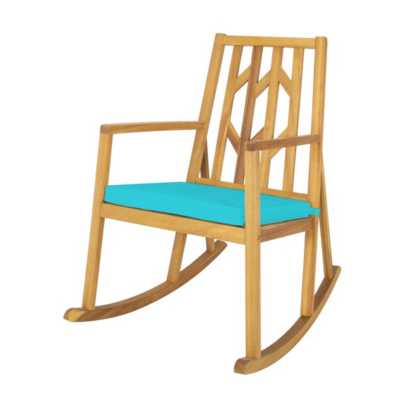Costway Patio Rocking Chair Acacia Wood Armrest Cushioned Sofa Garden Deck Turquoise