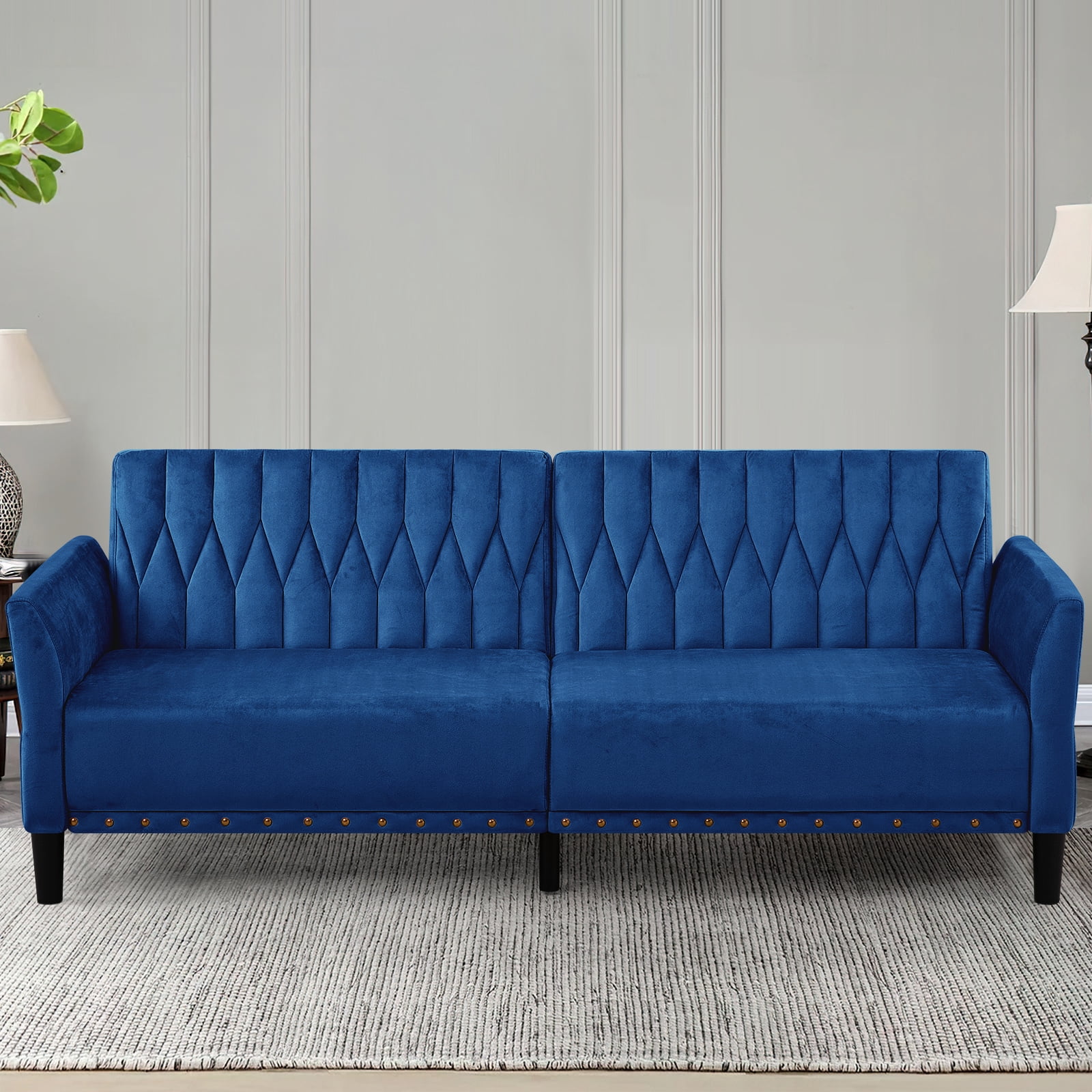 ACMEASE 77 Inches Velvet Sofa Bed w/Adjustable Backrests & Armrests, Tufted Sleeper Sofa Couch w/Nailhead Trim, Convertible Modern Recliner Loveseat for Living Room,Office, Blue