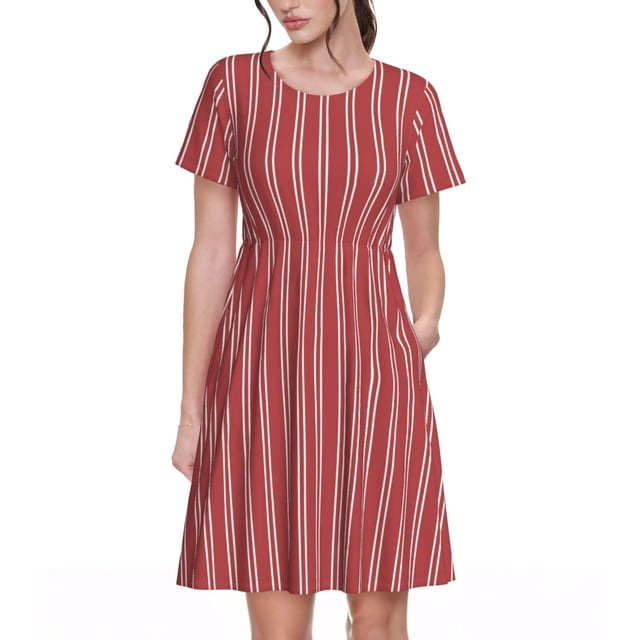 Fotbe Stripes Red White Vestido Largo de Moda para Mujer, Vestido Tipo Camiseta con Manga Corta y Estilo Casual a Rayas y Bloques de Color