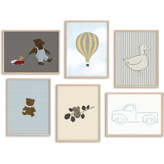 Boy Nursery Wall Art Baby Room Canvas Wall Decor Vintage Adventure Nursery Prints Teddy Bear Boy Poster Toddler Wall Art Blue Pictures Hot Air Balloon Painting for Bedroom 8x10x6 Inch Unframed