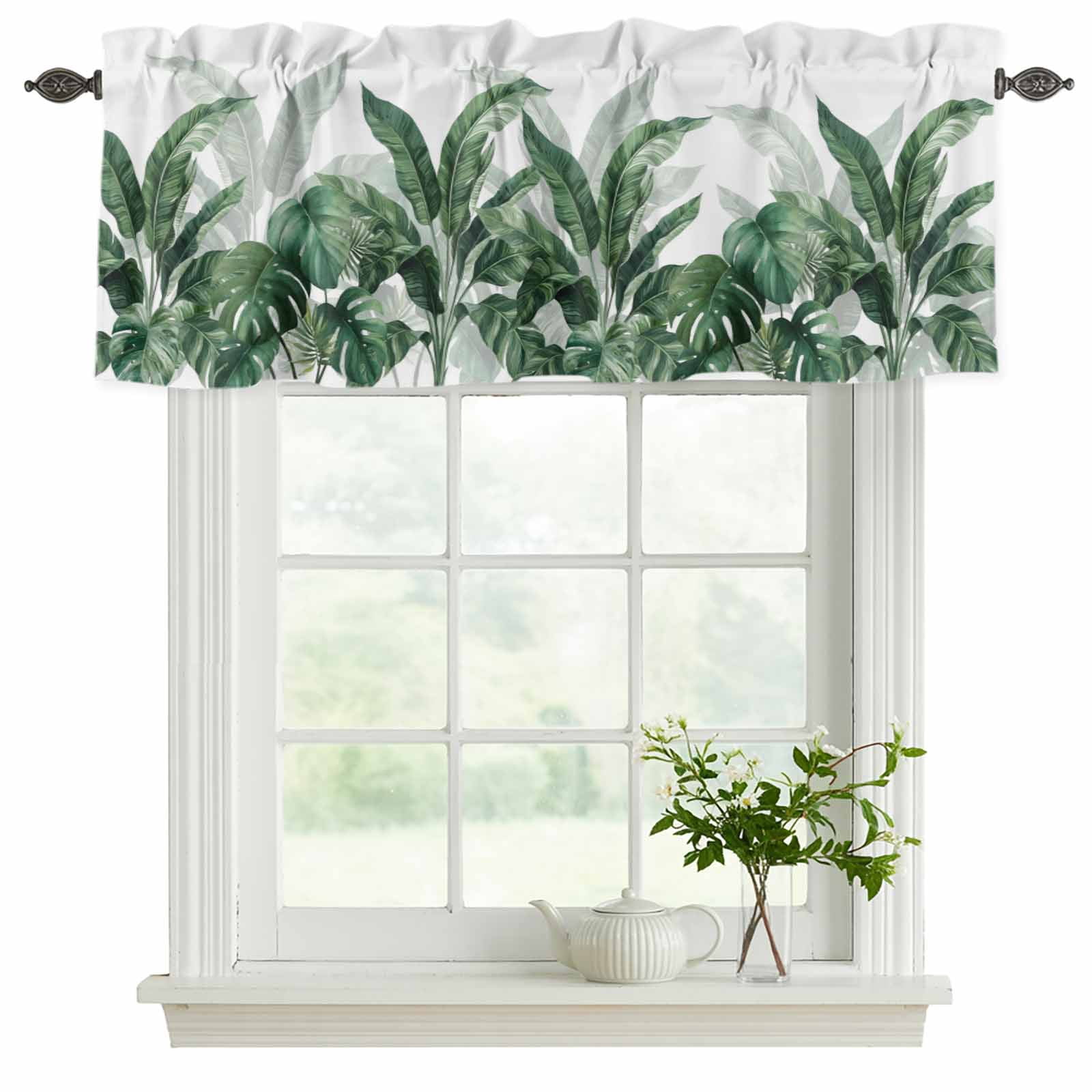 2 Pack Valances for Windows, Palm Leaves Tropical Window Valances for Living Room/Bedroom/Bathroom, Green Botanical Summer Light Filtering Kitchen Curtain Valance Window Treatment 60"W x18" L