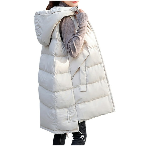 Htigea Long Puffer Vest for Women Quilted Hooded Sleeveless Jacket Fall Coats Casual Travel Outerwear with Pocket White L