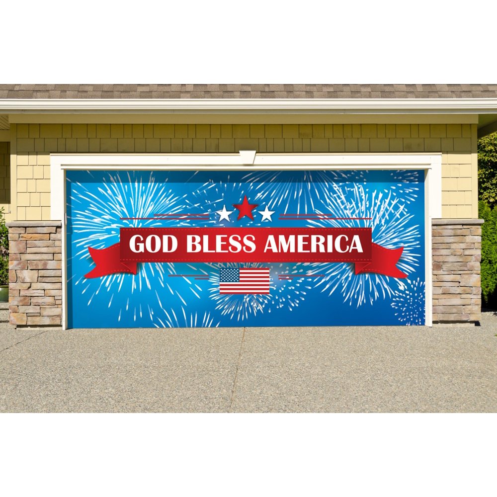 7' x 16' Red and Blue God Bless America Double Car Garage Door Banner