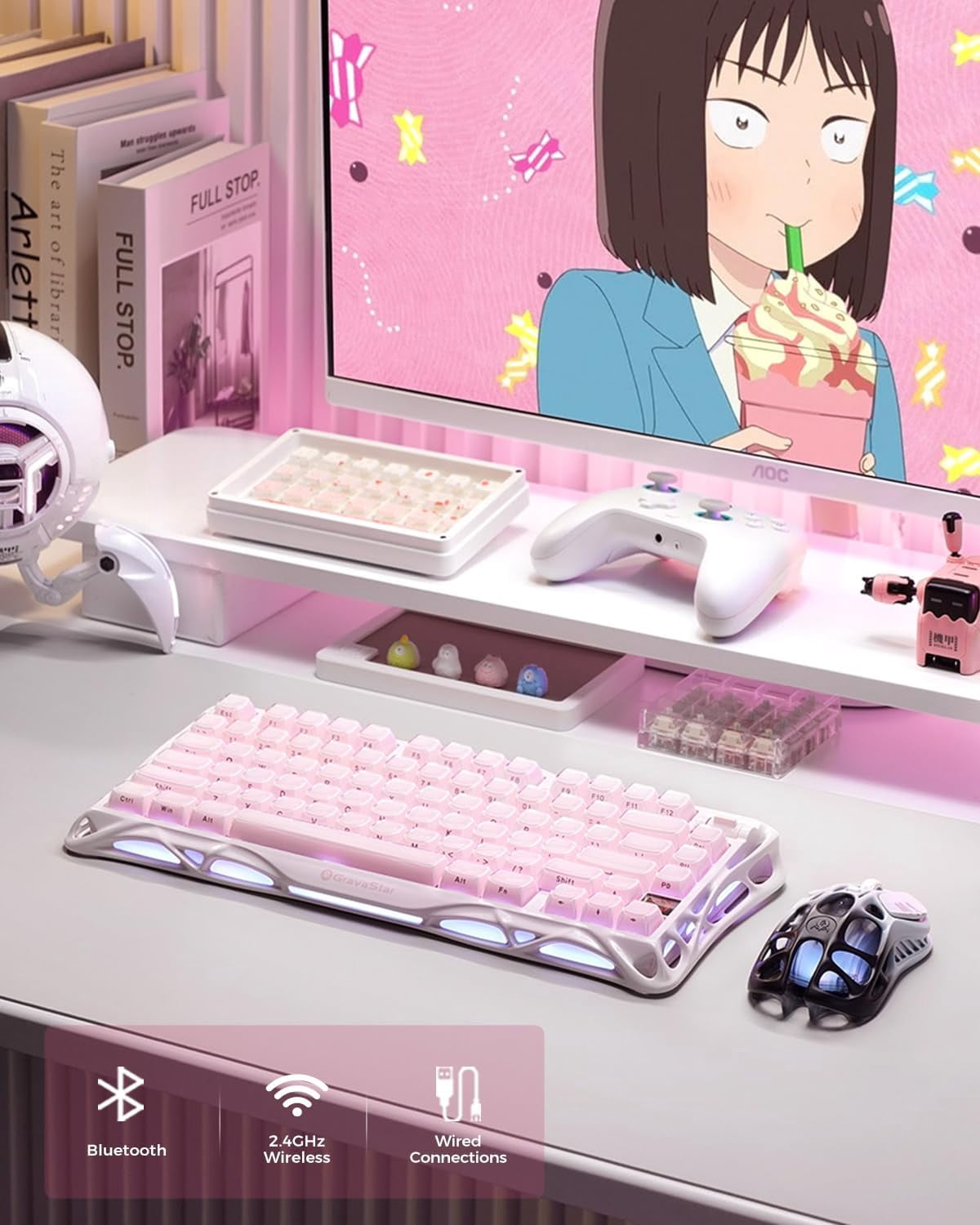 GravaStar Mercury K1 75% Wireless Mechanical Keyboard, Gasket Mount, 8000mAh Battery, Kailh Cherry Pink Linear Switches, RGB Lighting - Sakura Pink