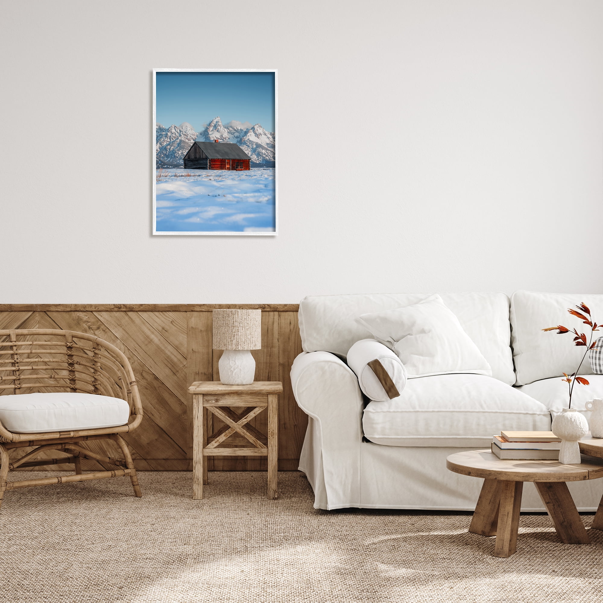 Stupell Industries Cabin in Snowy Mountains Landscape Photography White Framed Art Print Wall Art, 24 x 30