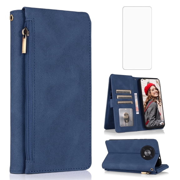 Asuwish Wallet Kickstand Hard Shell Cell Phone Case with Tempered Glass Screen Protector for Cubot MAX 3, Blue