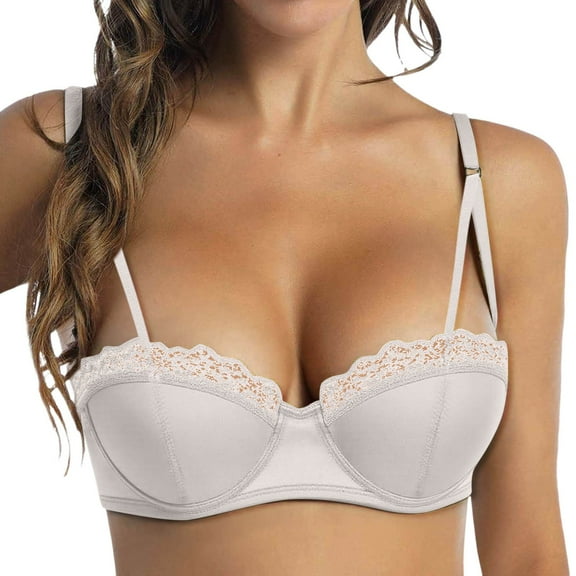 khonts,Women's Lace Splicing Half Cup Bra Underwire Unlined Demi Sheer Bras Sexy Gathering Bralettes White 85-XL
