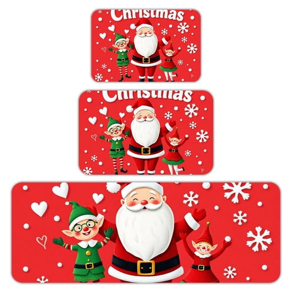 RKSupls Kitchen Rug Set 3 Piece Anti-Slip Flannel Floor Mats, Santa Elf Christmas Washable Absorbent Runner Mats for Kitchen Bathroom Home Decor