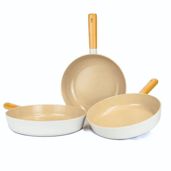 Neoflam FIKA 3 Piece Nonstick Kitchen Essential Stir Frying Pan Wok Set with Wood Handle, All Stovetop Skillet, Made in Korea