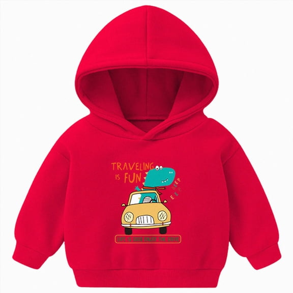 felwors Toddler Cartoon Dinosaur Sweatshirt Warm Fleece Pullover Hoodie Boys Girls Pullover Relaxed Fit Tops (Red,18-24 Months)