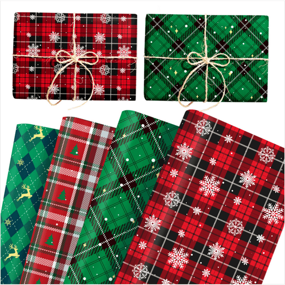 Christmas Noble Classic Plaid Wrapping Paper - 4 Vintage Patterns, 12 Sheets Holiday Gift Wrap for Xmas Parties