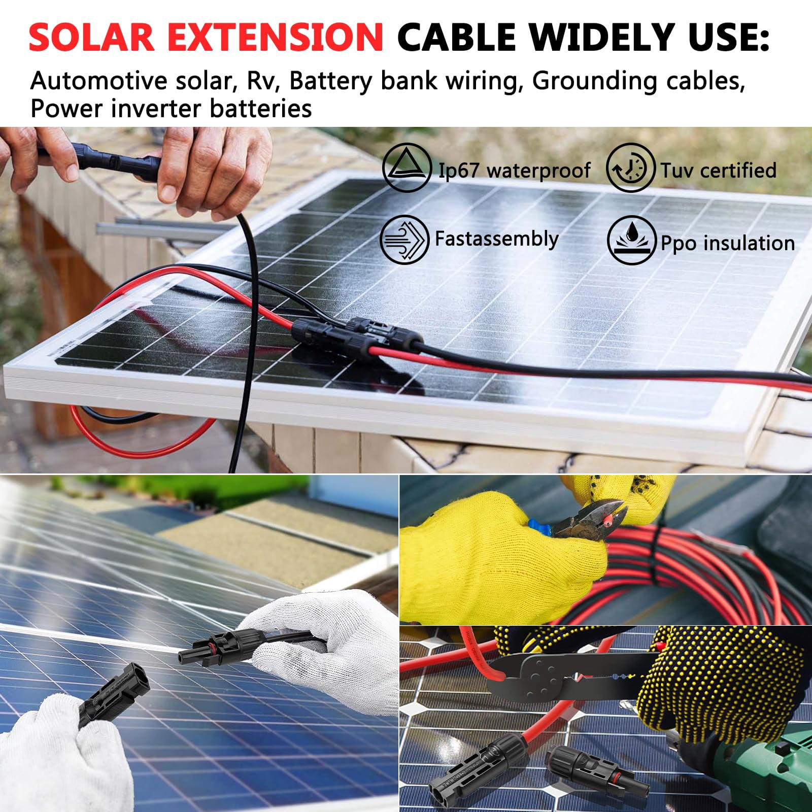 Solar Panel Extension Cable 40FT 10AWG, 6mm² Solar Extension Cable Wire with Female Male Waterproof Connectors for RV, Photovoltaic Systems