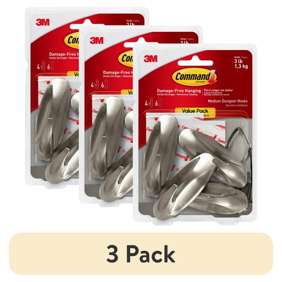 (3 pack) Command Medium Designer Hooks, Brushed Nickel, 4 Wall Hooks