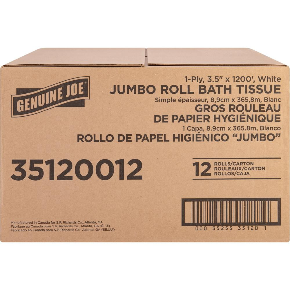 Genuine Joe 1-ply Jumbo Roll Bath Tissue - 1 Ply - 3.63" x 1200 ft - 8.88" Roll Diameter - White - Fiber - 12 / Carton