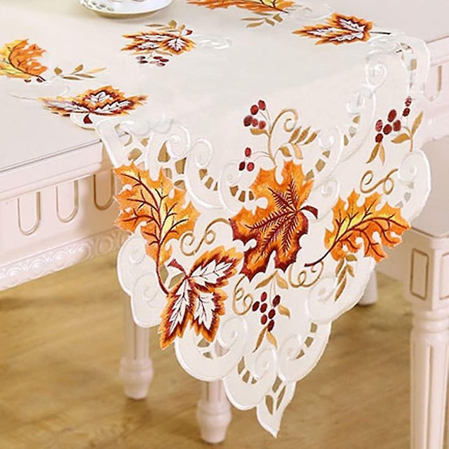Thanksgiving Embroidered Maple Leaves Fall Dining Table Runners, Autumn Festival Polyester Dresser Scarf
