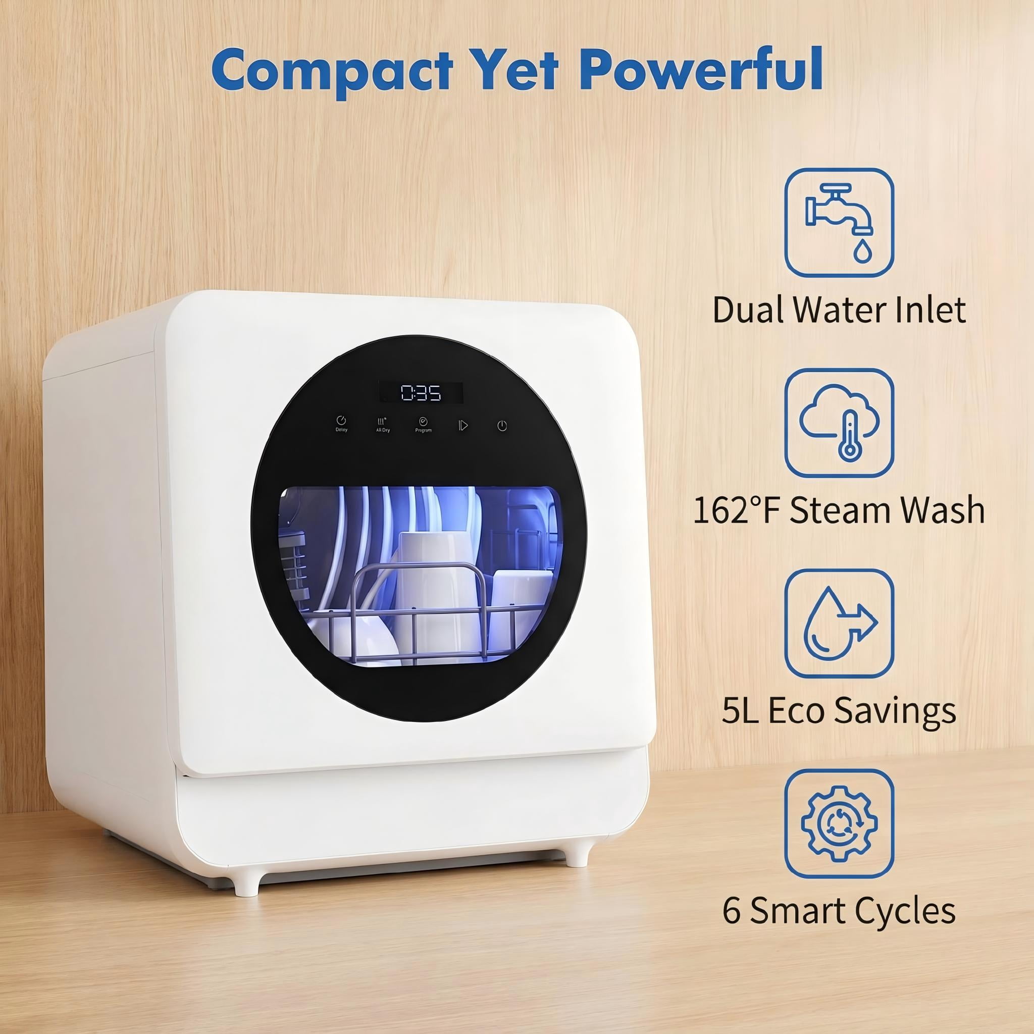 FUNGQI Portable Countertop Dishwasher with Self-Priming Mode, 6 Wash Cycles Compact Tabletop Washer, 5L Capacity, 162°F High-Temp Steam Sanitizing, Extra-Drying for Modern RV Apartments, 115V