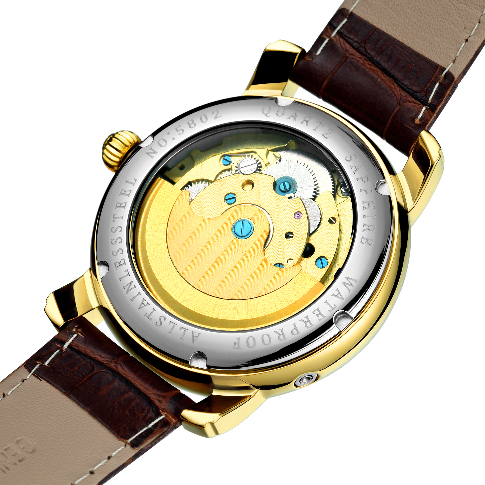 GUANQIN Analog Automatic Self-Winding Mechanical Sport Casual Vintage Men Stainless Steel and Leather Sapphire Wrist Watch Skeleton Calendar Week Luminous Waterproof Great Gift Choice