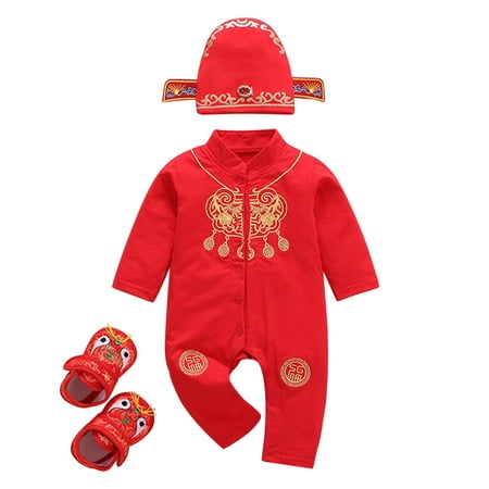 

Elainilye Fashion Newborn Infant Baby Jumpsuit New Year Tang Suit Romper Jumpsuit Hat Shoes Sets Sizes Newborn-24M