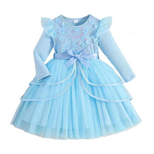Nmnitkp Robe en Tulle pour Filles Tout-Petits Été Manches à Volants Robe Tutu Princesse Fête Décontractée à Étages 3-9 Ans