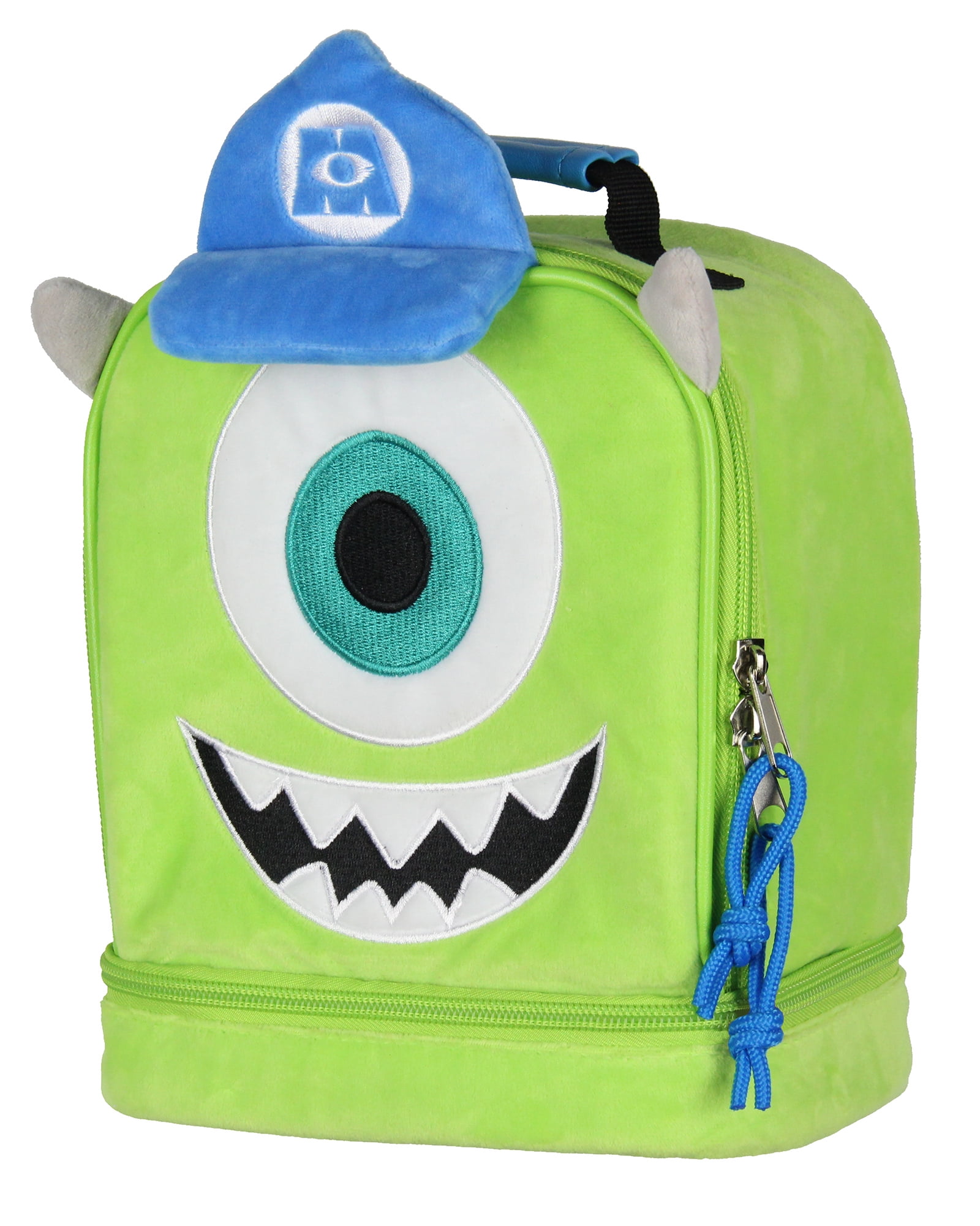 Disney Monsters Inc Lunch Box Mike Wazowski Plush Fuzzy Embroidered Face 3D Ears and Hat Insulated Lunch Bag Tote For Hot And Cold Food 9"