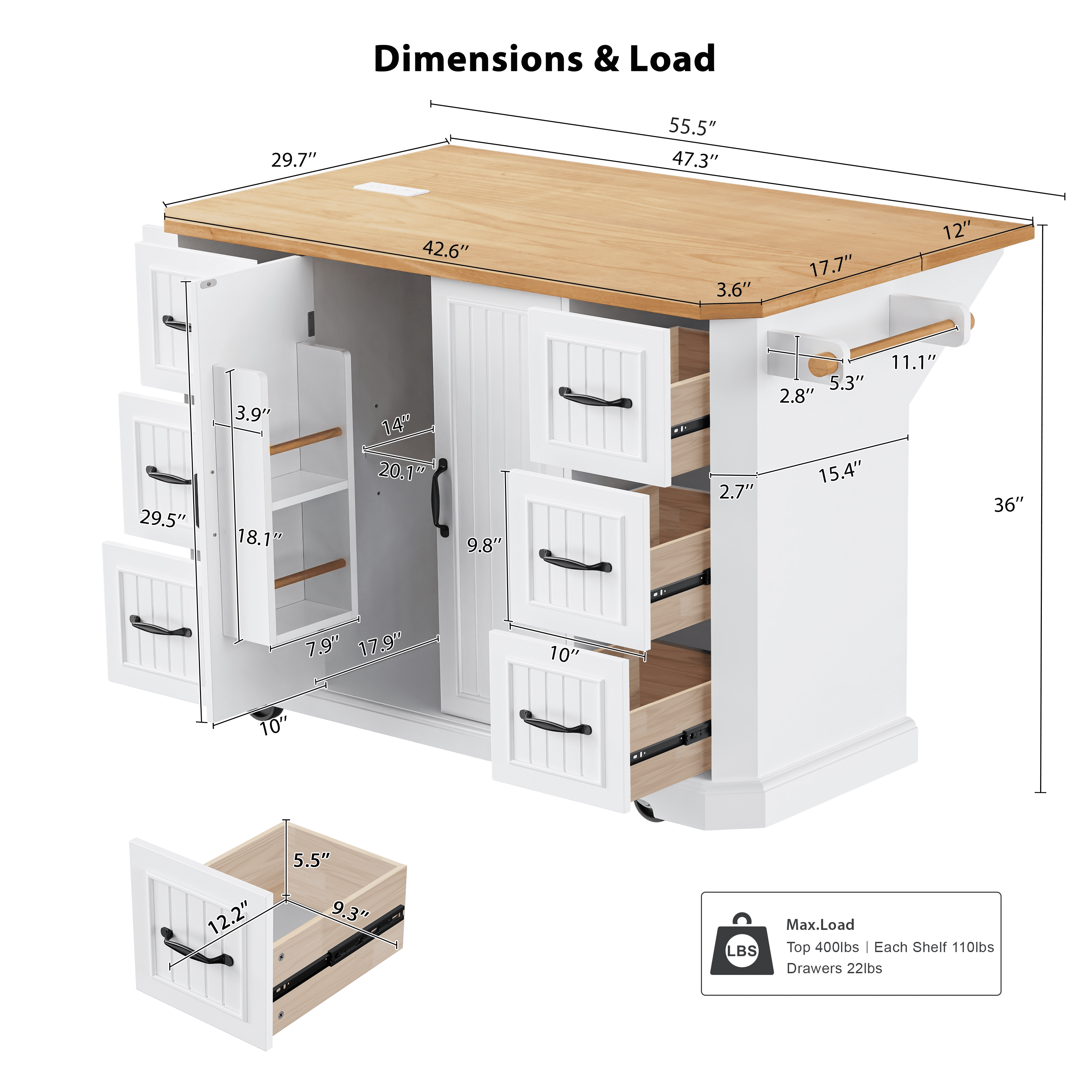 DTTRA 56" Kitchen Island with Drop Leaf & Power Outlet, Rolling Kitchen Cart on Wheels with 6 Drawers, 4-Door Shelves & Rubber Wood Top, Mobile Storage Cabinet for Kitchen & Dining Room, White