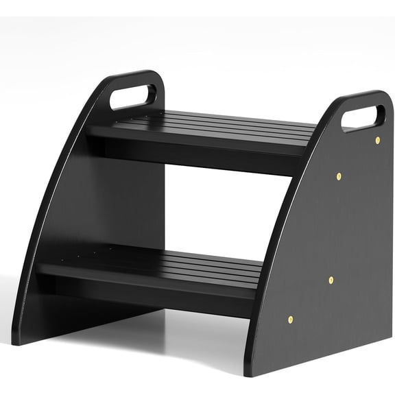 Bamboo 2 Step Stool 300lbs Capacity, Wooden Two Step Stool with Non-Slip Handles, Heavy Duty Stepping Stool for Bedside High Beds Adults, Sturdy Small Bathroom Kitchen Black Step Stool