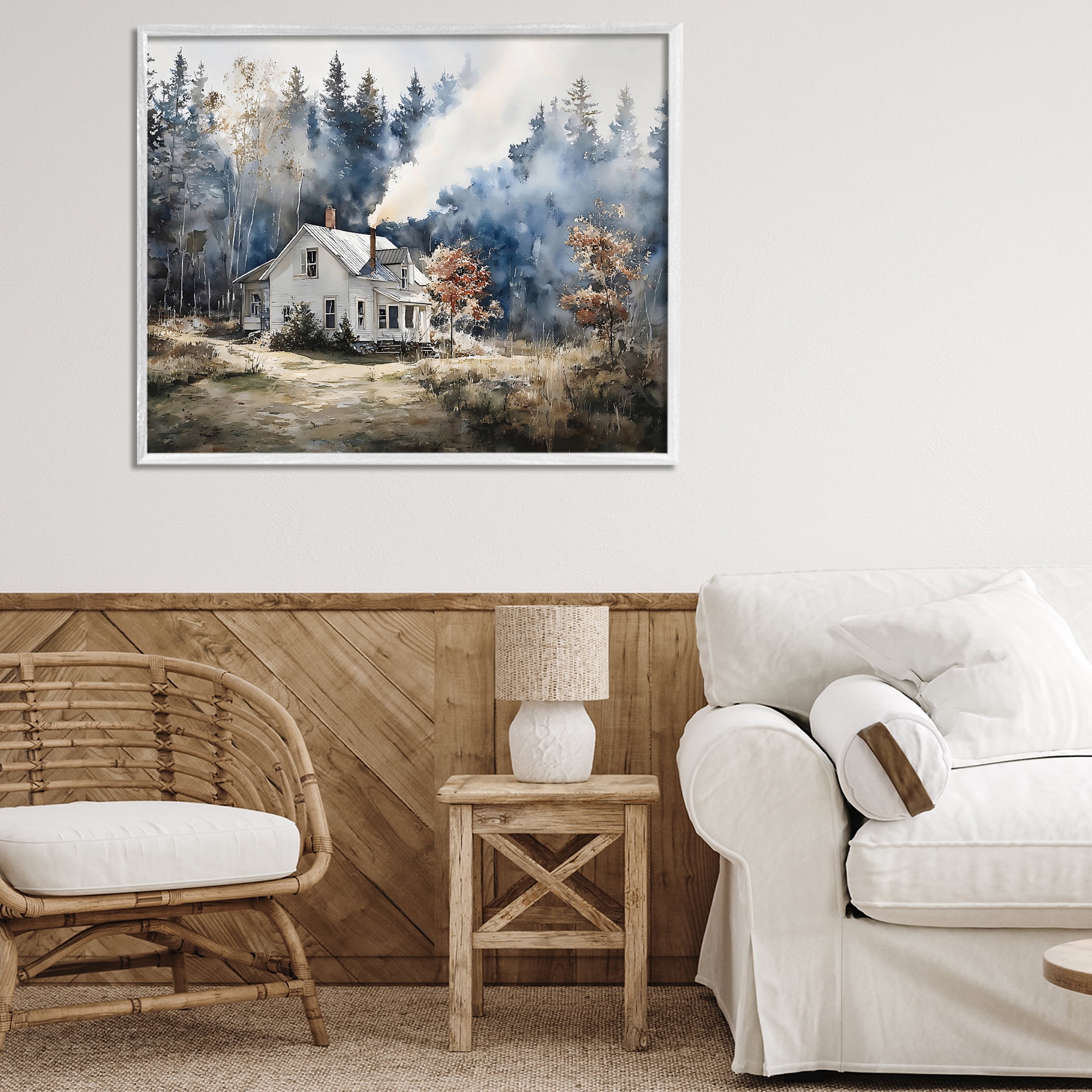 Stupell Industries Indigo Smoke at Woodland Cottage White Framed Giclee Art, design by Franklyn Gregory