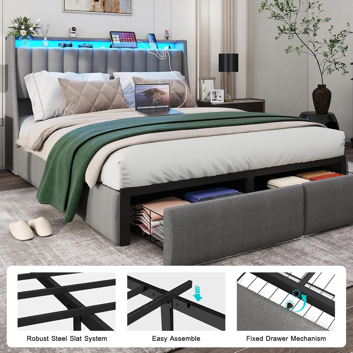 DRNANLIT Queen Bed Frame with 2 Storage Drawers, Platform Bed Frame Queen Size with LED Light, Upholstered Headboard, Charging Station, Steel Slat Support, No Box Spring Needed,Gray