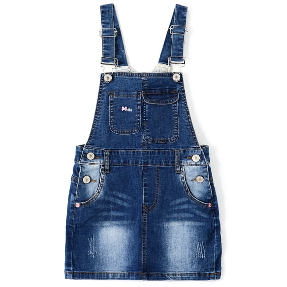 KIDSCOOL SPACE Baby Little Girls Skirt,Ripped Soft Strechy Denim Girls Summer Overalls Dress,Deep Blue,5-6 Years
