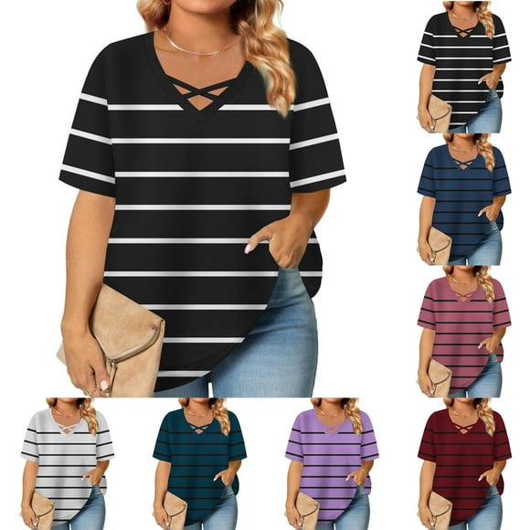 CFLVAEK Womens Plus Size Tops Loose Fit Criss Cross Neck T Shirts Fashion Striped Graphic Tees Casual Short Sleeve T Shirt Summer Going Out Tshirt Pink XXL
