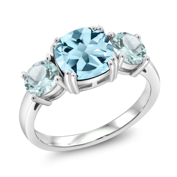 Gem Stone King 925 Sterling Silver Sky Blue Topaz 3 Stone Engagement Ring for Women (3.74 Cttw, Gemstone November Birthstone, Cushion 8MM, Size 8)