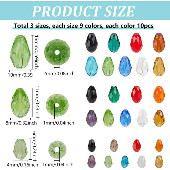 280PCS Teardrop Glass Beads 28 Styles Faceted Glass Spacer Beads 9 Colors Loose Craft Beads Bulk for Necklace Earring Keychain Jewelry Making Bags Decoration 11x8/15x10/6x4mm