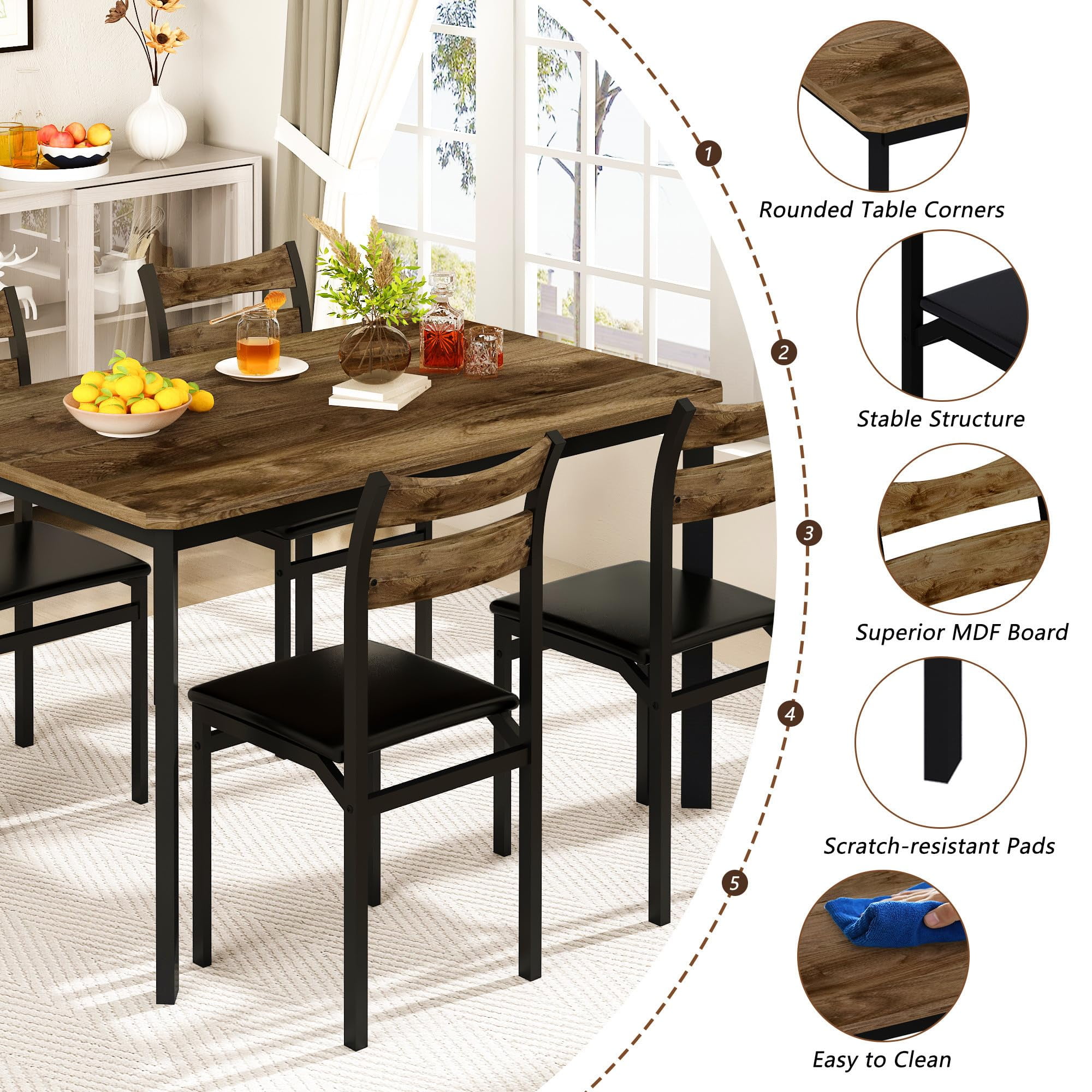 Lamerge Dining Table Set for 4, 43.3" Dining Room Table with 4 Upholstered PU Leather Chairs, Modern Wood Kitchen Table and Chairs Set, 5-Piece Dinette Set for Breakfast Nook, Small Places, Brown