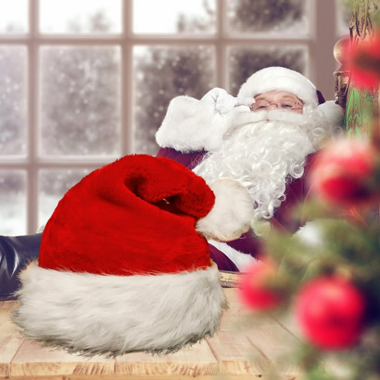 Christmas Hat Santa Claus Hat Christmas Party Cap Santa Claus Cap Xmas Hat with Fluffy Plush Brim and Pom Pom Ball for Adults