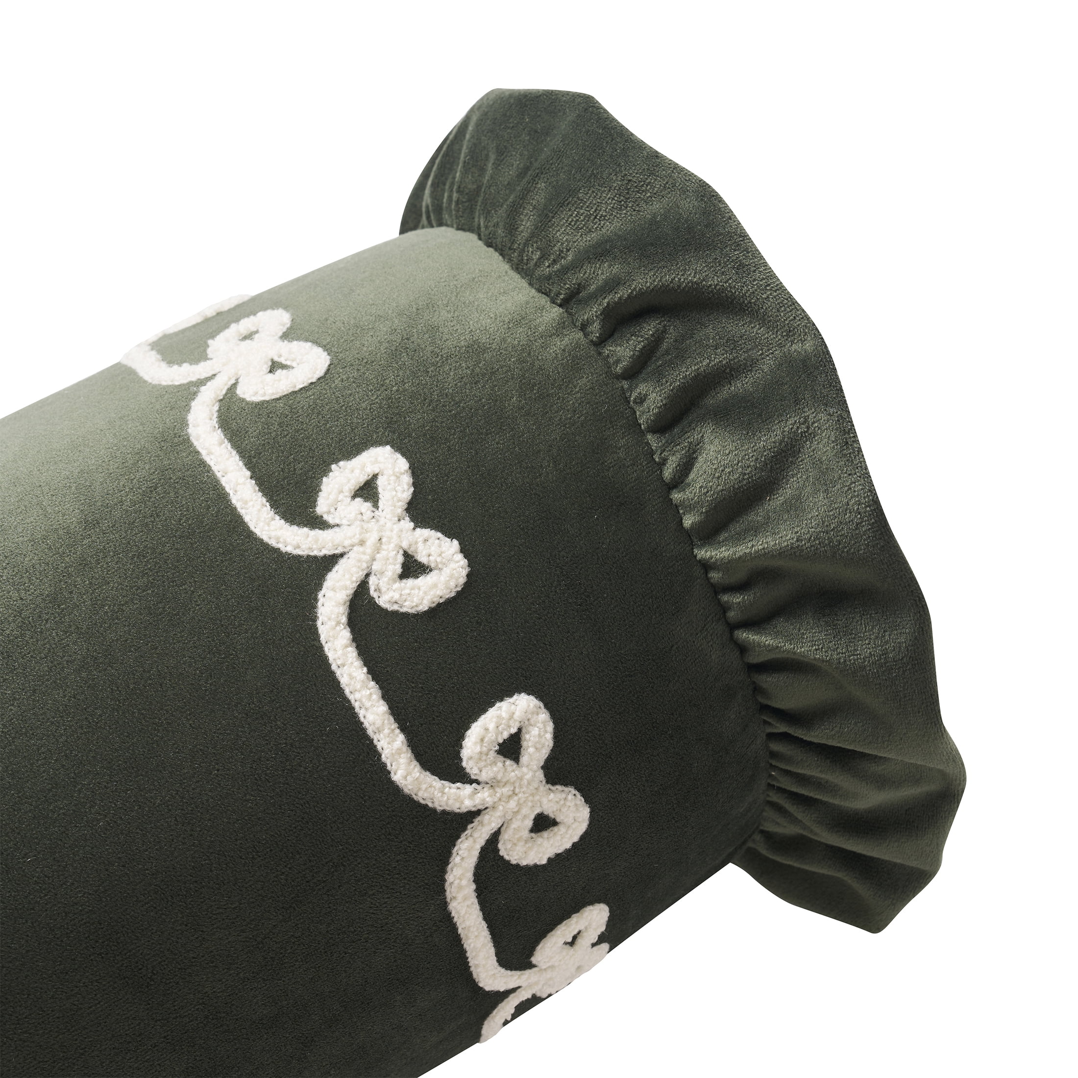 My Texas House 8" x 22" Green Velvet Ruffle Bolster Decorative Pillow