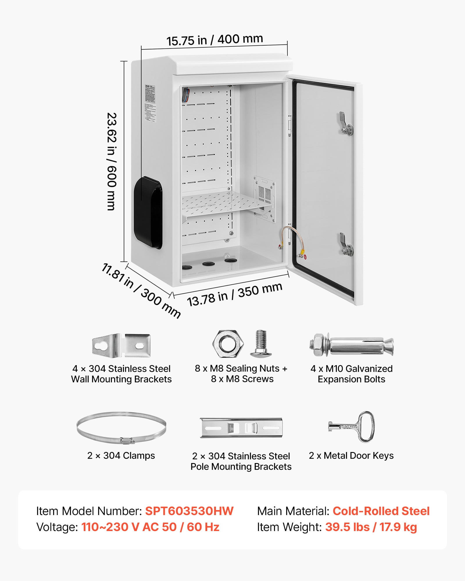 VEVOR Outdoor Electrical Box, Cold-Rolled Steel, Electrical Junction Box with Thermostat and Fan, Rain Hood, Ventilated Design, IP65 Waterproof Hinged Enclosure, Wall/Pole Mounted, 24 x 16 x 12 in