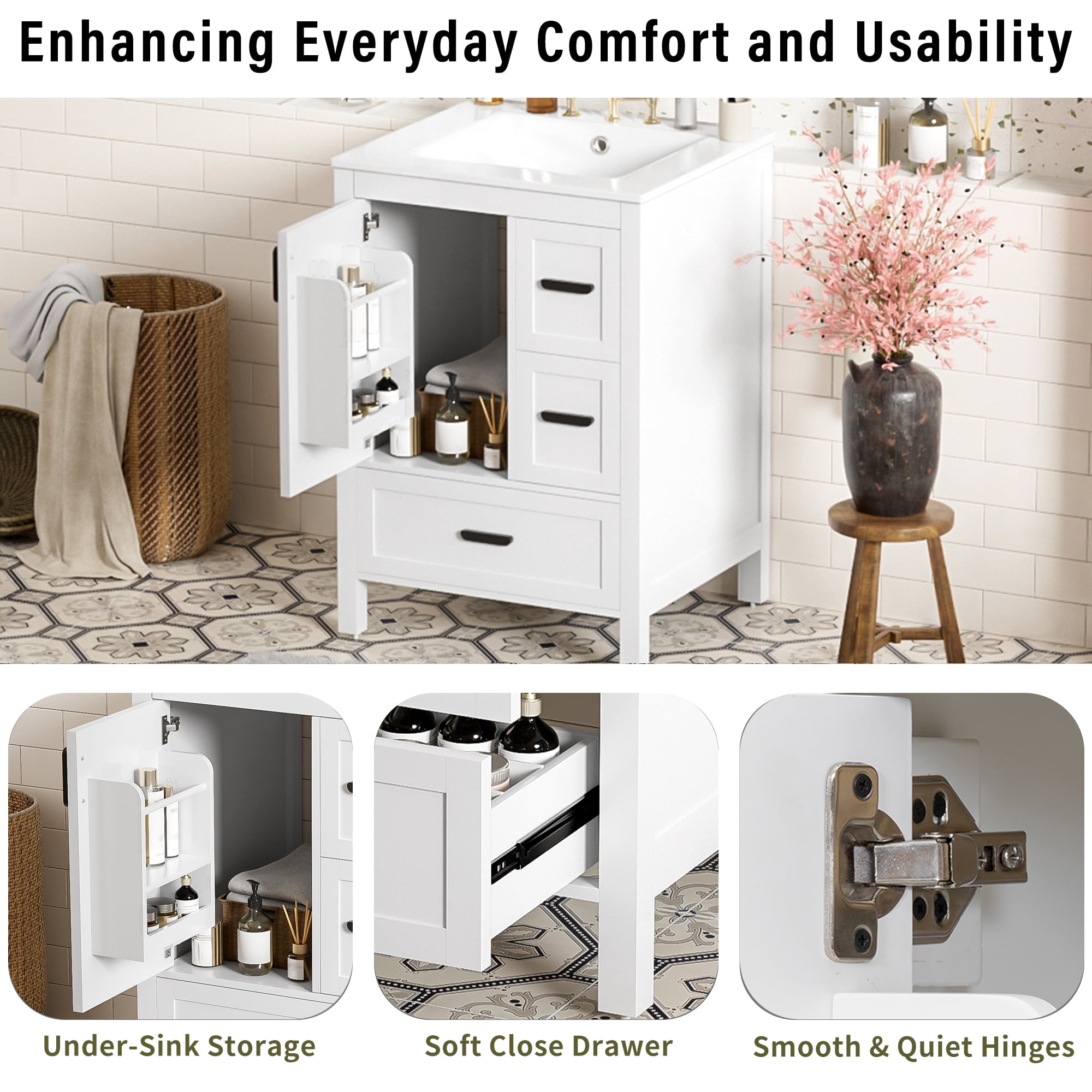 Euroco Modern 24-inch Bathroom Vanity with Ceramic Sink, Soft-Close Door, Double-Layer Door Shelf, and 3 Drawers