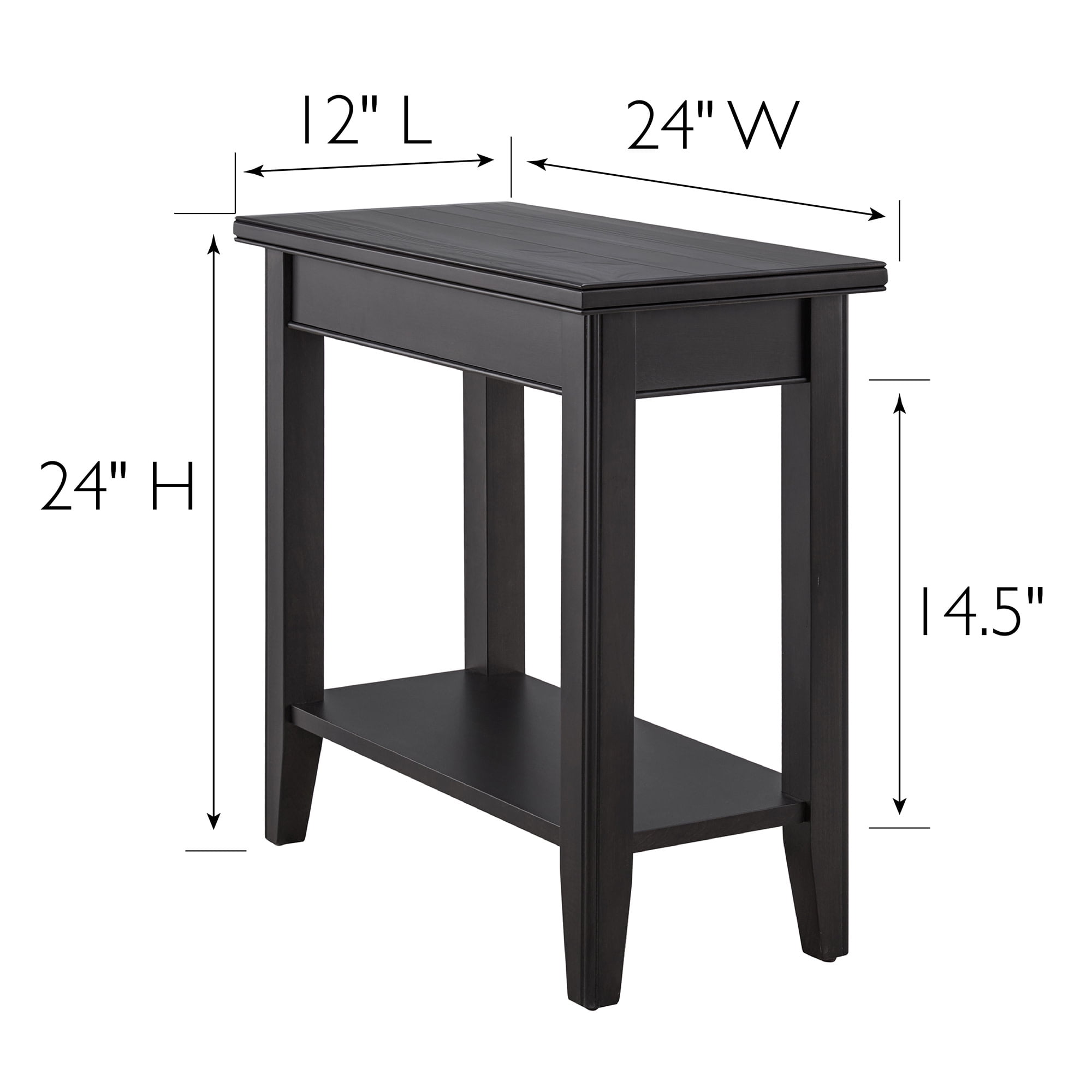 Black Solid Wood Narrow End Table with Shelf, Small Space, 12 in. W